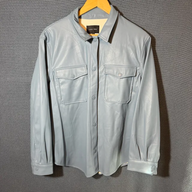 Love Tree Faux Leather Shirt Jacket Size L Blue Polyurethane
