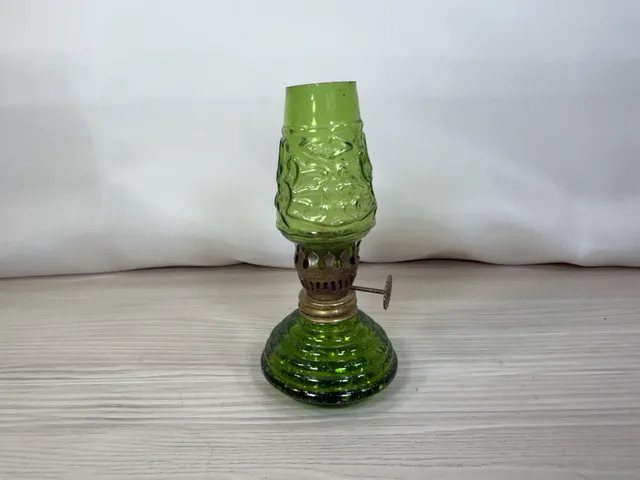 Vintage Green Glass Miniature Oil Lamp 4.5" Emerald Embossed Chimney