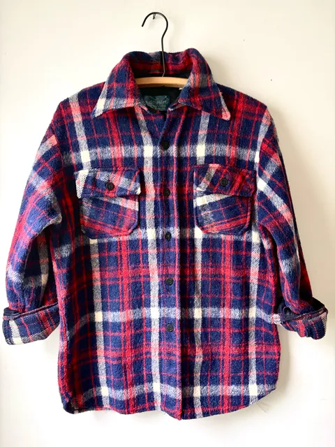 1970s Wool Plaid Shirt Jacket Red Blue Brewster