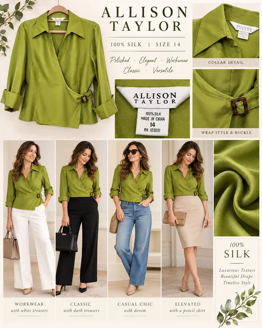 Allison Taylor Silk Wrap Blouse Size 14 Green Buckle