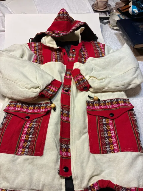 Vintage Handcrafted Hooded Jacket Red White Geometric Print Size M