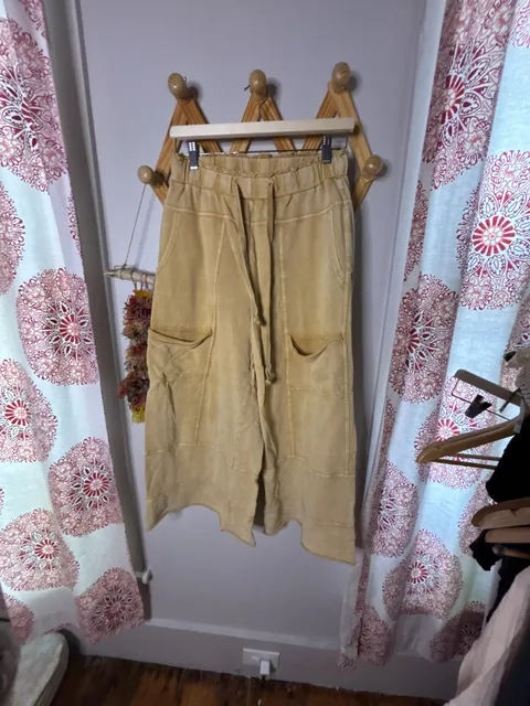 Easel Mineral Wash Wide Leg Pants Size S Yellow Terry Lounge