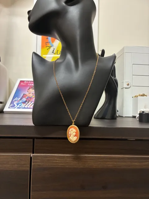 Upcycled Vintage 1970s Gold Tone Oval Cameo Pendant Necklace