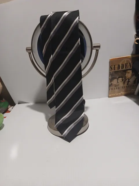 Luciano Rossi Black Label Striped Silk Necktie Black Silver Gray