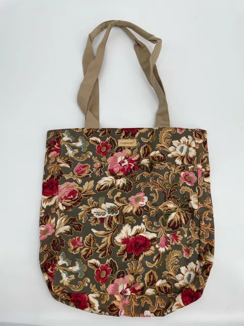 Longaberger Floral Canvas Tote Bag Green Pink Shabby Chic