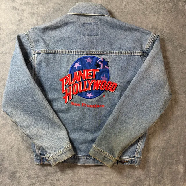 • Vintage 90s Planet Hollywood San Francisco Denim Jacket Small Big Logo Back
