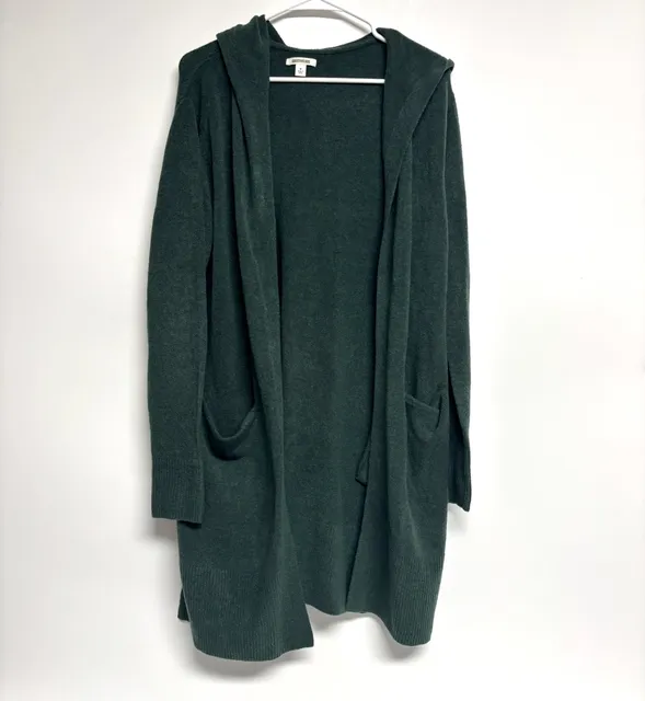 Goodthreads Open Front Hooded Cardigan Size M Green Knit Sweater Pockets