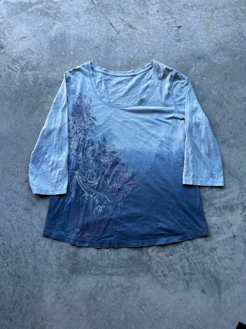 Sonoma Life + Style Top Size L Blue Ombre Floral 3/4 Sleeve Cotton
