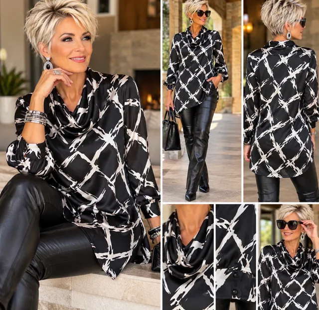 Chico’s Size 2 L Black White Abstract Satin Tunic Blouse Cowl Neck Long Sleeve