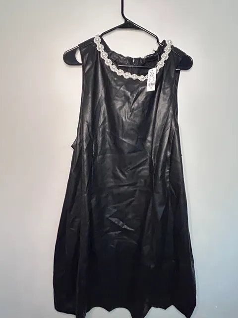 New York & Company Faux Leather Dress with Pearl Neckline