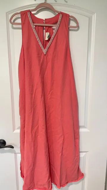 Coral Linen Blend Beaded Maxi Dress Coastal Boho Resort Sleeveless Size XL
 