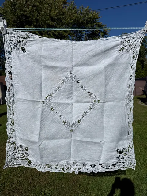 Vintage Cutwork Lace Tablecloth White Linen