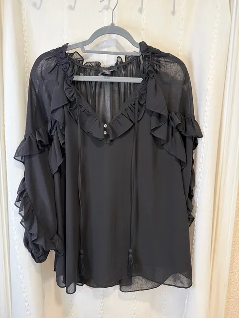GIGIO USA Women’s L Black Sheer Ruffle Blouse Boho Peasant Top Long Sleeve