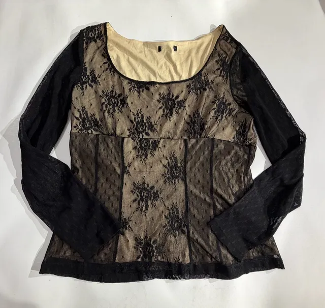 Vintage Black Lace Mesh Overlay Long Sleeve Corset Top Size M