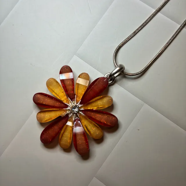 Flower Crystal Pendant Necklace Amber Gold Glitter Silver Chain