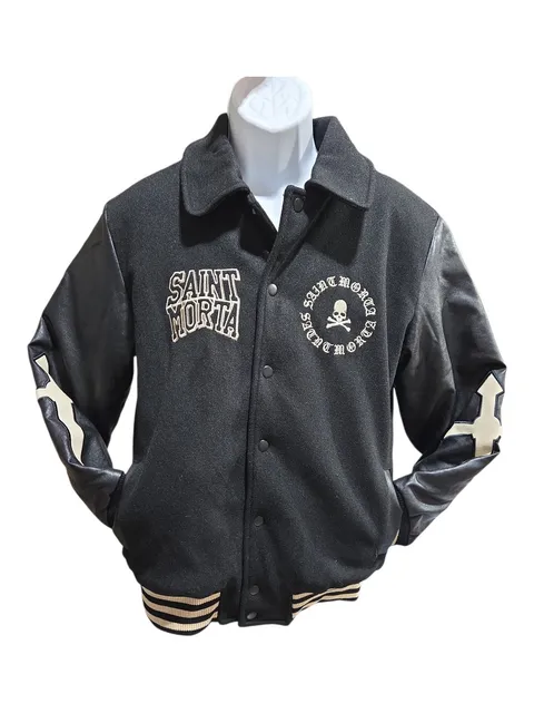 Saint Morta Varsity Jacket Size S Black Wool Leather Skull