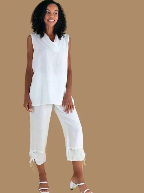 White Sleeveless Cowl Neck Women's Camisole size S 100% Linen