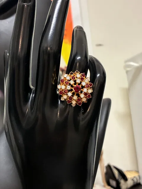 Vintage 1960s 18KT HGE Art Deco Cluster Ring With Red And White Stones