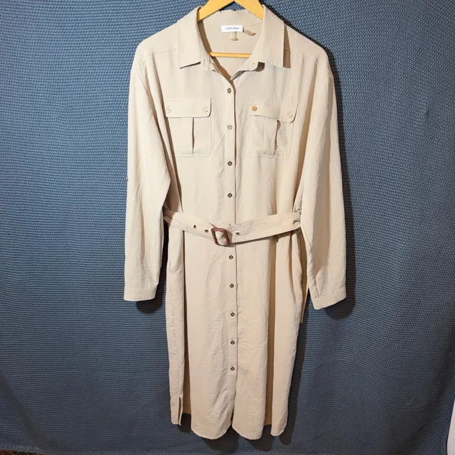 Calvin Klein Utility Shirt Dress Size M Beige Long Sleeve Belted
