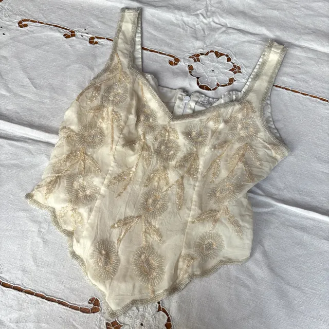 Vintage Beaded Floral Silk Tank Top Size L Ivory Corset Bodice