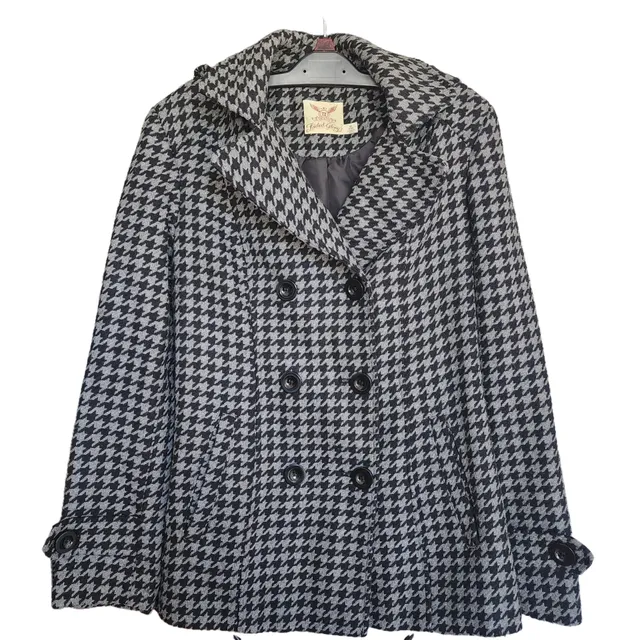Faded Glory Houndstooth Pea Coat Size M Black White Wool Blend Jacket