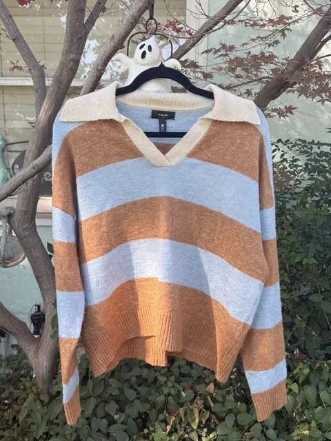 Aqua Striped Polo Sweater Size L Blue Brown Collared Knit Long Sleeve AsIS