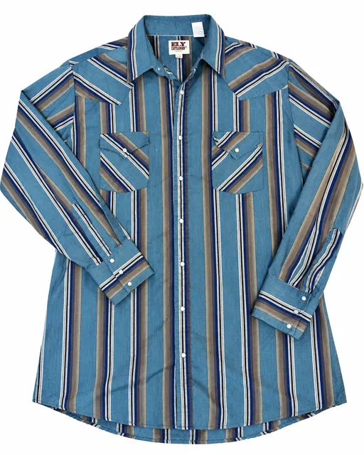 Vintage Ely Cattleman Western Shirt Size L Blue Striped Snap Long Sleeve