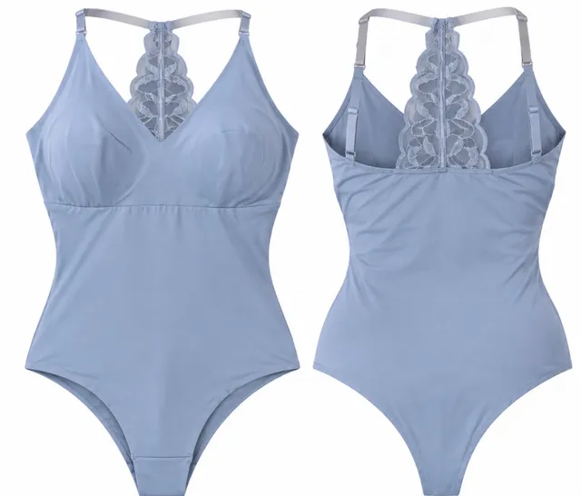 SUT1 Size M True and Co V Neck Lace Racerback Bodysuit Blue NWT