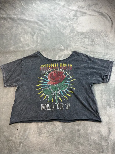 Celestial Dream World Tour 87 Rose Graphic Crop Top Acid Wash Rock Tee