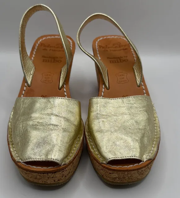 Palmas de Menorca Mibo Wedge Sandals Size 36 Gold Leather