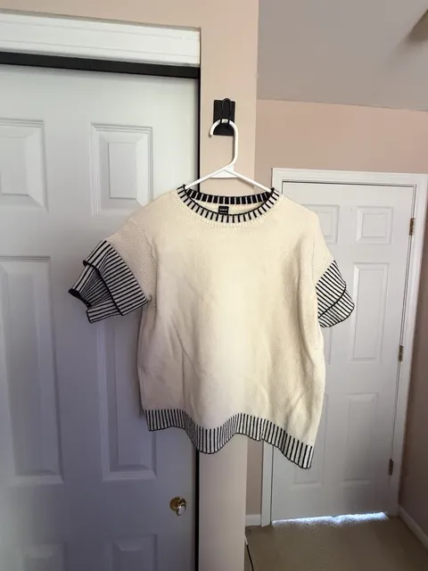 SHEIN Striped Ruffle Sleeve Sweater Size US 6 Cream Black Knit Top