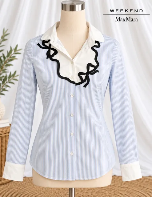 Weekend Max Mara Blue White Striped Bow Blouse US 6 Cotton Button Down Shirt
