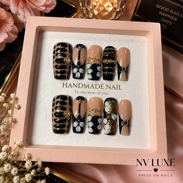 Reusable Black Gold Press On Nails Size L Square Floral 10pc Set #016