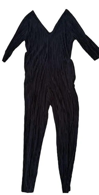 Nothing Fits But Black Plisse Long Sleeve Jumpsuit tapered legs