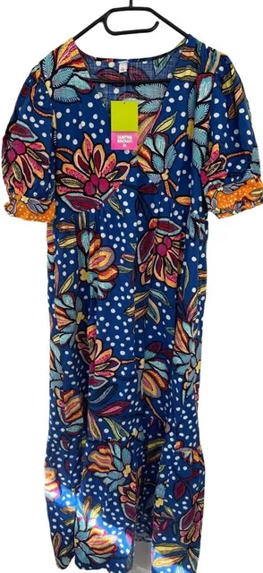 Tabitha Brown Puff Sleeve Midi Dress Size 12 Blue Floral Polka Dot , summer boho.