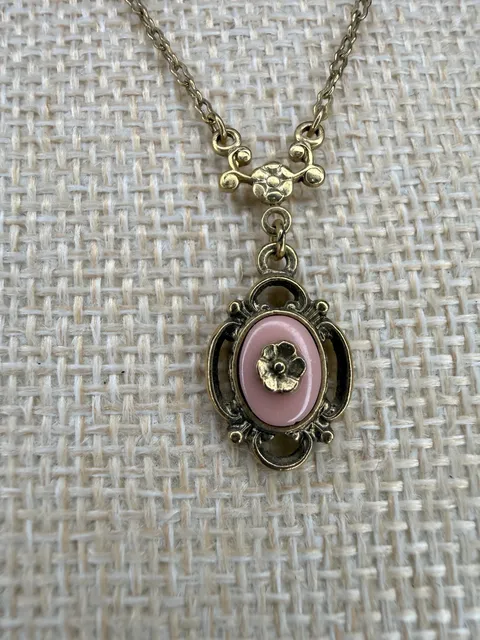 1928 Necklace Pink Porcelain Flower Filigree 15 Inch