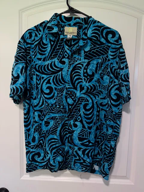 Hawaiian Aloha Shirt Blue Black Tribal Tiki Polynesian Resort Men’s M