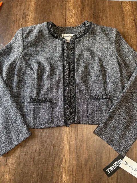 Danny & Nicole Jacket Size 14 Black White Tweed Open Front Ruffle Trim