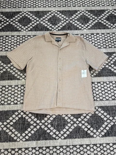 DRY Essentials Waffle Short Sleeve Button Down Shirt Size L Taupe