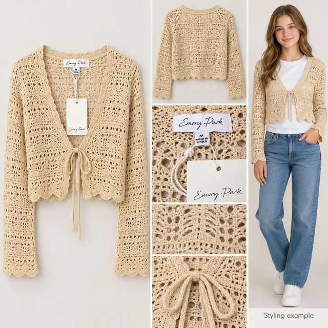 Emory Park Beige Crochet Tie Front Cropped Cardigan Medium Boho NWT