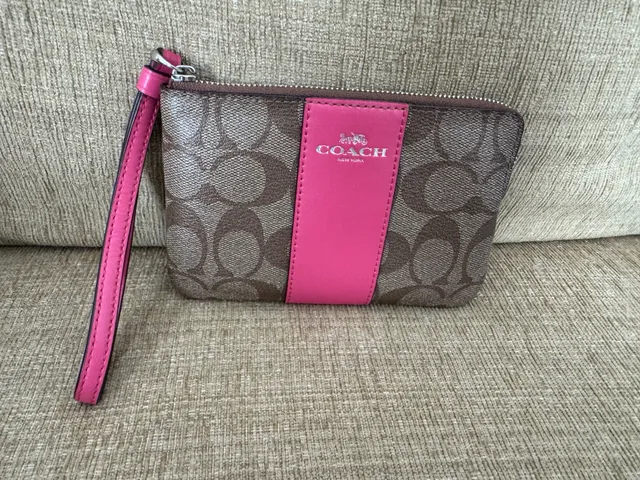 Coach Signature Corner Zip Wristlet Brown and Pink