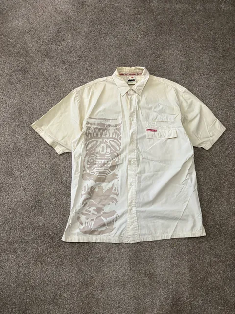 Early 2000s Meccaloha Resorts Button Down Shirt Size XL Cream Tiki Print Short Sleeve