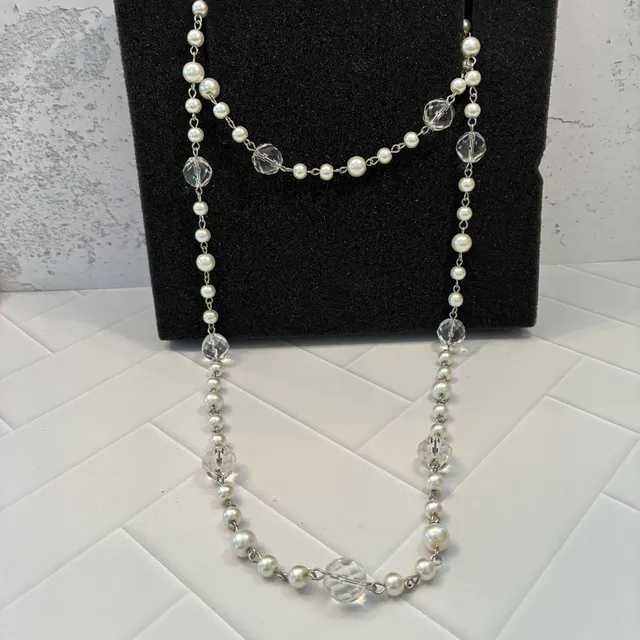 Jewel Kade Long Faux Pearl Crystal Beaded Necklace Silver Tone
