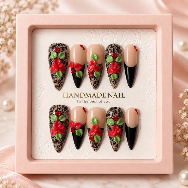Reusable Red Black Floral Press On Nails Size L Long Stiletto Set #013