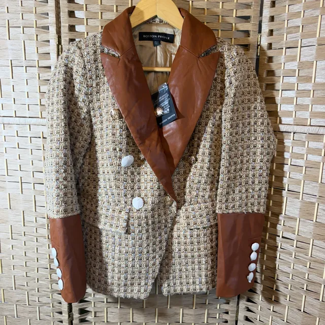Boston Proper Tweed Blazer Size 6 Faux Leather Collar