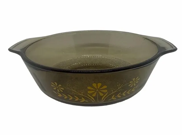 Glasbake Smoked Brown Yellow Daisies Round Casserole Dish Vintage Amber Glass