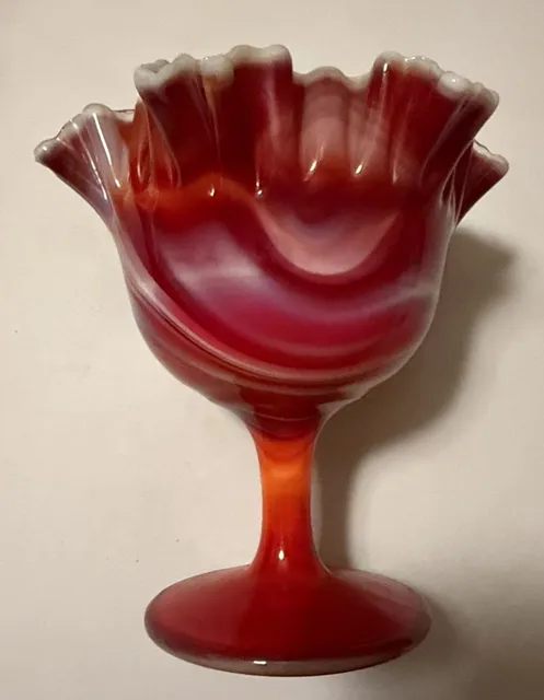 VINTAGE IMPERIAL GLASS RED WHITE SLAG PEDESTAL RUFFLED COMPOTE ...,