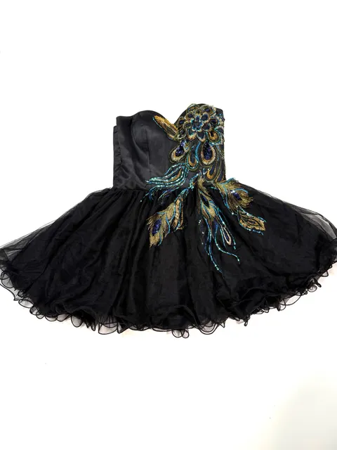 Women's Mini Dress Strapless Whimsigoth Coquette Cottage-Glam Y2K Balletcore Black Peacock Feather Embroidered Sequin Tulle Sweetheart Party Prom Homecoming Boned Bodice Back Zip
