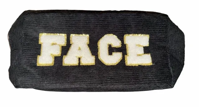 Face Corduroy Makeup Pouch Black Gold Letters