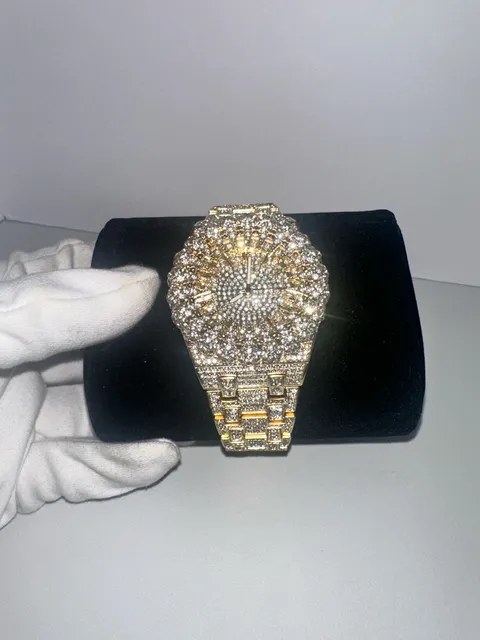 Gold-Tone Iced Out Rhinestone Fashion Watch – Sunburst Bezel